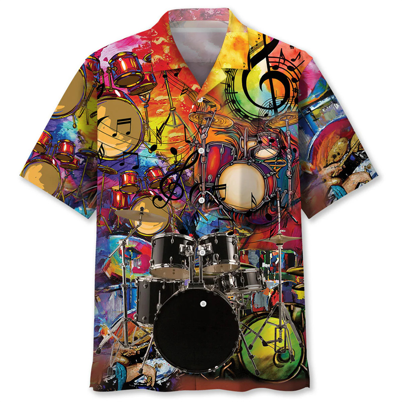 Musical Instrument Hawaiian - ドラムパターンアロハシャツ男性夏 3D 印刷楽器半袖ブラウス屋外ストリート音楽愛好家シャツ