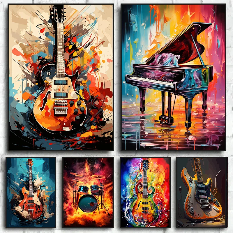 Musical Instrument Guitar - 抽象的なカラフルなアート楽器ドラムキットギターポスタープリントキャンバス絵画音楽壁アート画像ホームルームデコレーション
