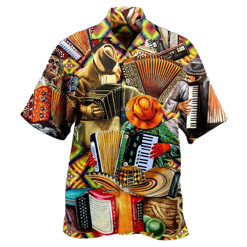 Musical Instrument Hawaiian - メンズギターグラフィックスハワイアンシャツ,楽器,3Dプリント,カジュアルブラウス,半袖,ラペルトップ,ルーズアロハシャツ,音楽