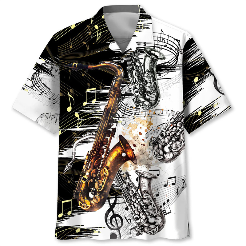 Musical Instrument Hawaiian - サックストロピカルアロハシャツ夏 3D 印刷楽器半袖ブラウスストリート音楽愛好家ボタンシャツ