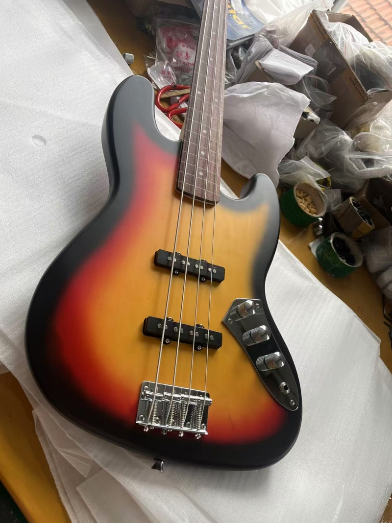 Bass Guitar Fretless - エレクトリックベースのローズウッド指板,4弦,ボディに沈む夕日,マット仕上げ,無垢材,送料無料