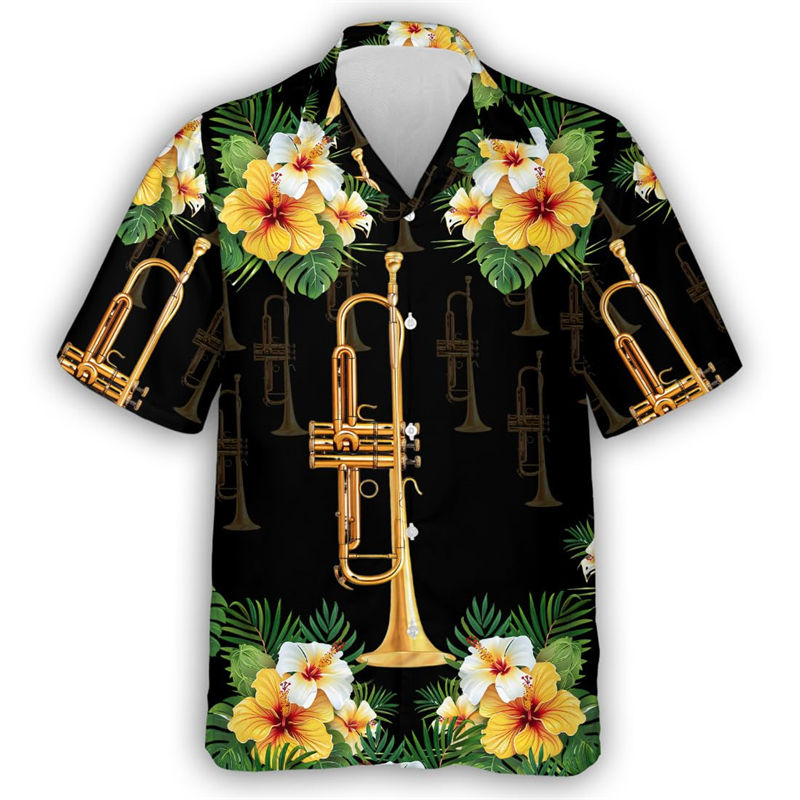 ギタートランペットグラフィックアロハシャツ男性用 3D プリ - Musical Instrument Hawaiian のレビューと価格